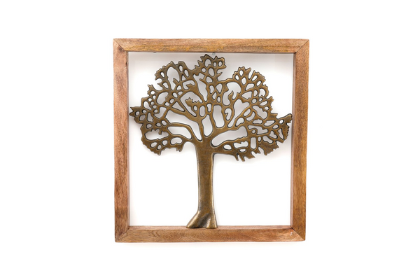 Brass Tree of Life in Wooden Frame - Unique Home Decor Accent