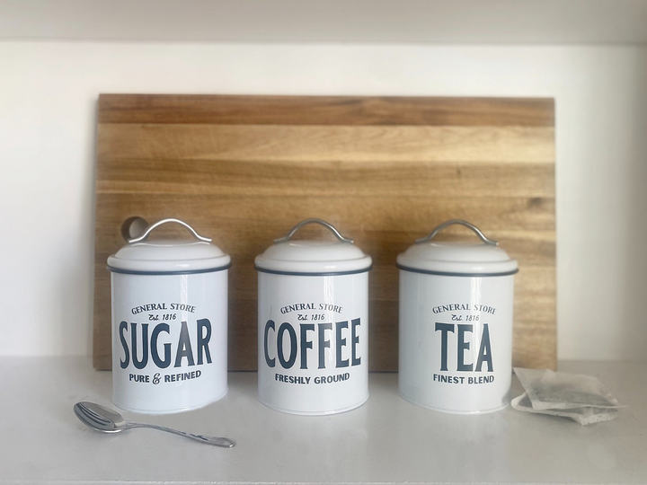 White General Store Tea, Coffee and Sugar Set - Charming Metal Canisters Trio - Premium  from Home Treasures - Just £26.99! Shop now at Home Treasures