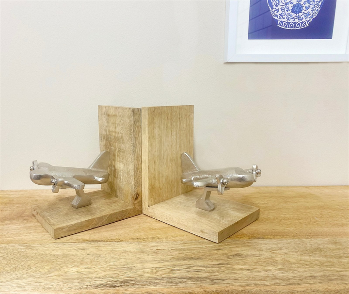 Stylish Set of Two Aeroplane Bookends with Moving Propellers - Wooden Bookend Set for Home Decor - Premium  from Home Treasures - Just £16.99! Shop now at Home Treasures