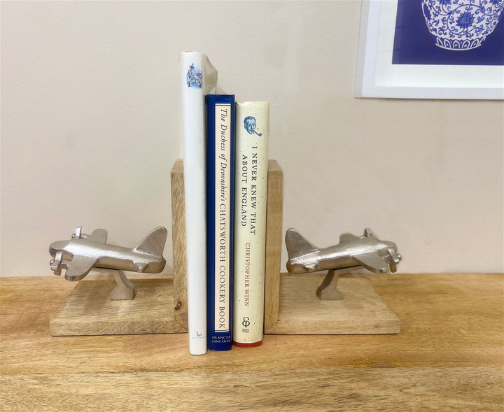 Stylish Set of Two Aeroplane Bookends with Moving Propellers - Wooden Bookend Set for Home Decor - Premium  from Home Treasures - Just £16.99! Shop now at Home Treasures