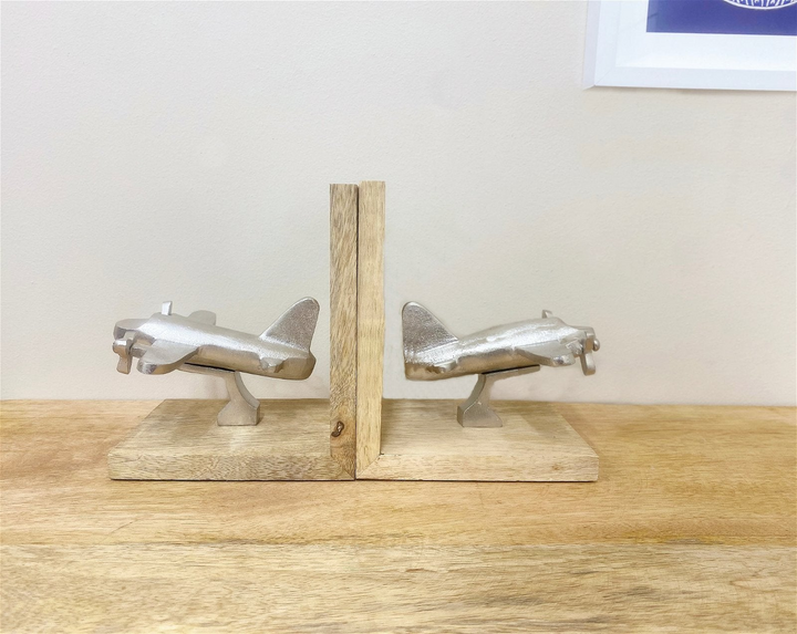 Stylish Set of Two Aeroplane Bookends with Moving Propellers - Wooden Bookend Set for Home Decor - Premium  from Home Treasures - Just £16.99! Shop now at Home Treasures