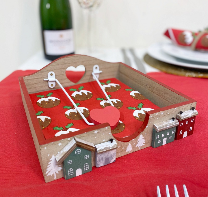 Festive Wooden Christmas House Napkin Holder - 18cm | Elegant Holiday Table Decor - Premium  from Home Treasures - Just £18.99! Shop now at Home Treasures