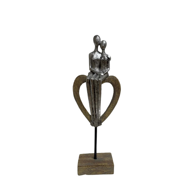 Romantic Cuddling Couple on Heart Sculpture - Modern Art Design in Silver on Wooden Base