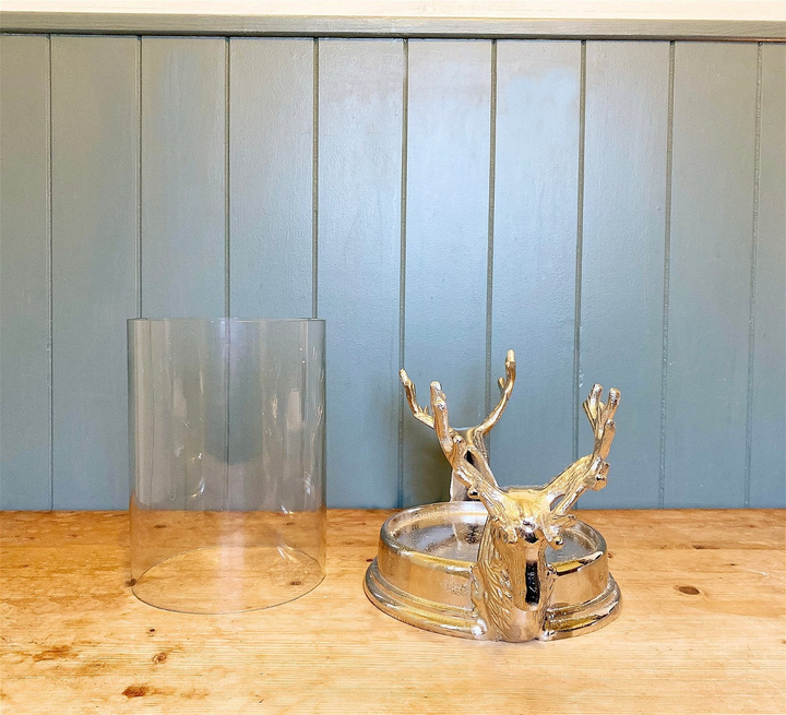 Elegant Stag Double Head Pillar Candle Holder - Decorative Aluminum Candle Stand with Glass Shade - Premium  from Home Treasures - Just £41.99! Shop now at Home Treasures