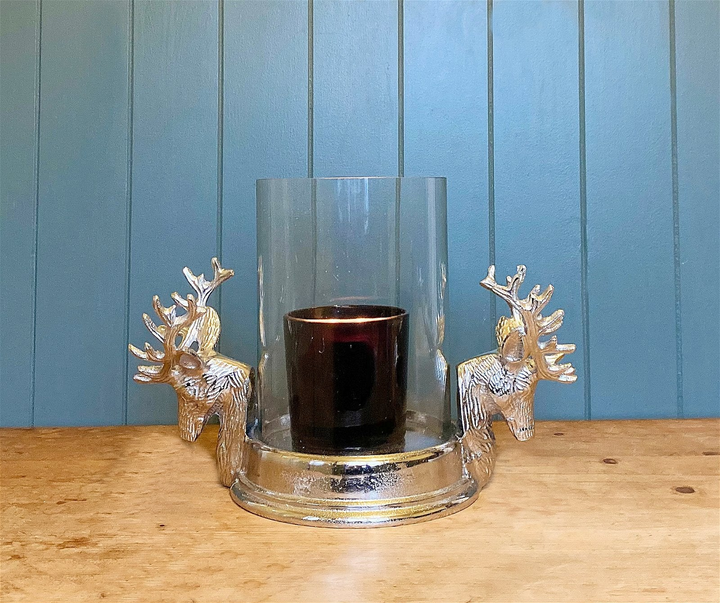 Elegant Stag Double Head Pillar Candle Holder - Decorative Aluminum Candle Stand with Glass Shade - Premium  from Home Treasures - Just £41.99! Shop now at Home Treasures