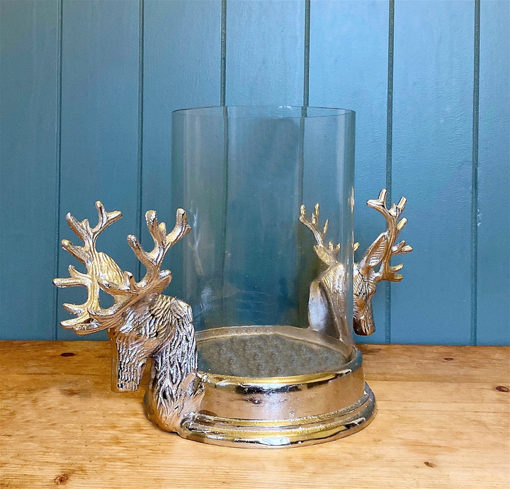 Elegant Stag Double Head Pillar Candle Holder - Decorative Aluminum Candle Stand with Glass Shade - Premium  from Home Treasures - Just £41.99! Shop now at Home Treasures