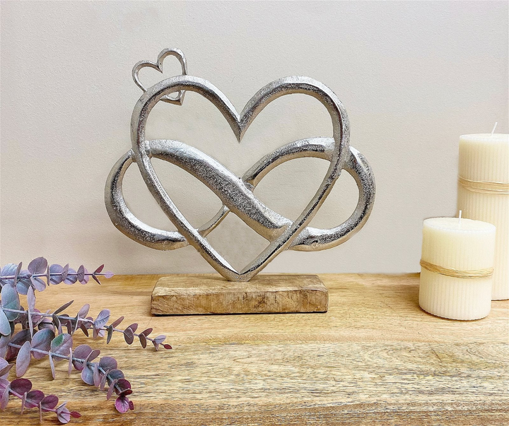 Elegant Large Metal Silver Entwined Hearts on Wooden Base - Exquisite Home Decor - Premium  from Home Treasures - Just £19.99! Shop now at Home Treasures