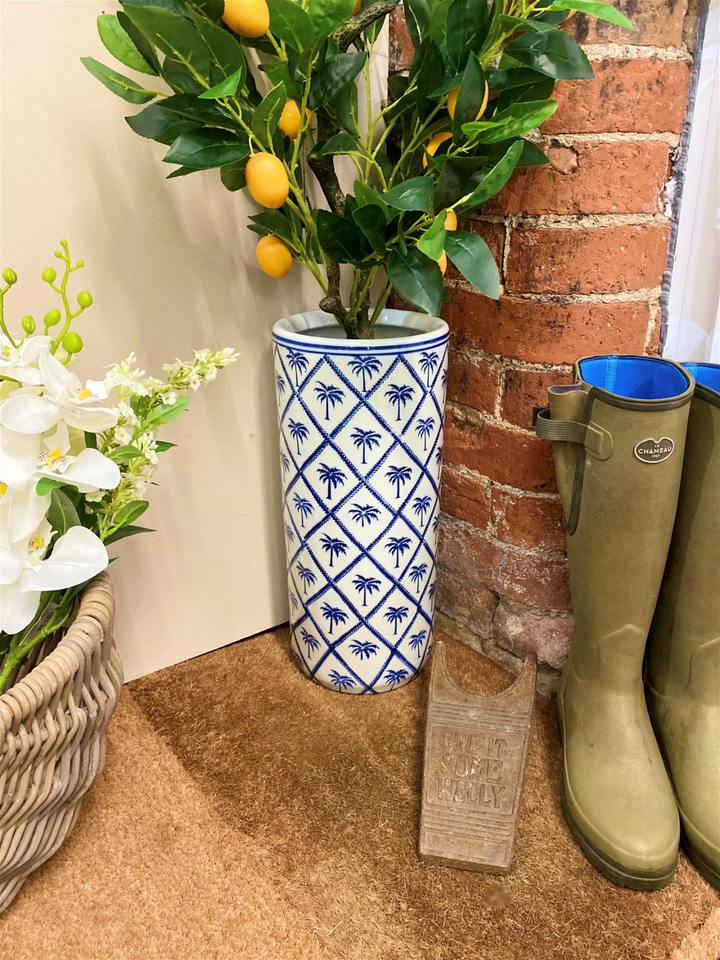 Blue Palm Tree Print Ceramic Umbrella Stand - Stylish, Durable & Functional Entryway Organizer - Premium  from Home Treasures - Just £40.99! Shop now at Home Treasures