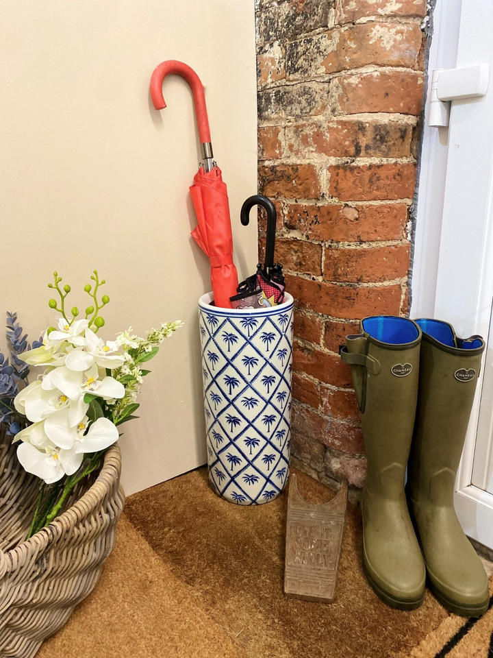 Blue Palm Tree Print Ceramic Umbrella Stand - Stylish, Durable & Functional Entryway Organizer - Premium  from Home Treasures - Just £40.99! Shop now at Home Treasures