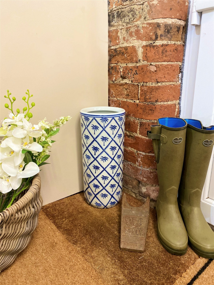 Blue Palm Tree Print Ceramic Umbrella Stand - Stylish, Durable & Functional Entryway Organizer - Premium  from Home Treasures - Just £40.99! Shop now at Home Treasures