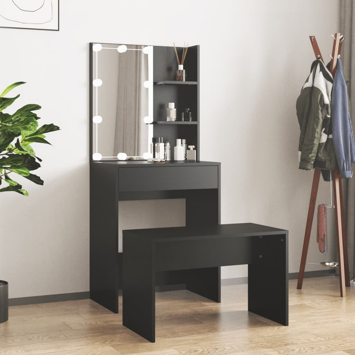 Modern Black Dressing Table Set with LED Lights, Stool & USB-Powered Mirror - Sleek Engineered Wood Makeup Vanity with Ample Storage - Premium  from Home Treasures - Just £117.99! Shop now at Home Treasures