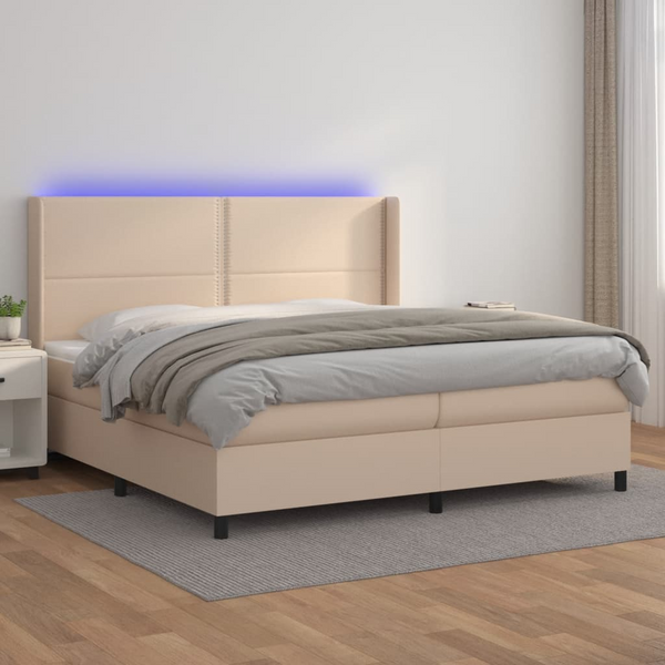 Luxurious Faux Leather Box Spring Bed with Mattress & LED in Cappuccino - 200 x 200cm - Premium  from Home Treasures - Just £812.99! Shop now at Home Treasures