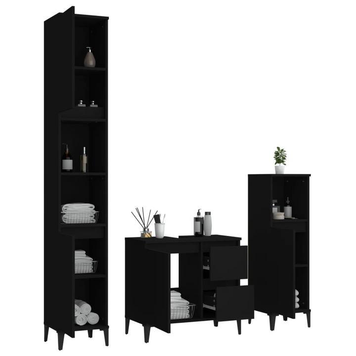 3 Piece Black Bathroom Cabinet Set - Engineered Wood Modern Storage Solution - Premium  from Home Treasures - Just £217.99! Shop now at Home Treasures