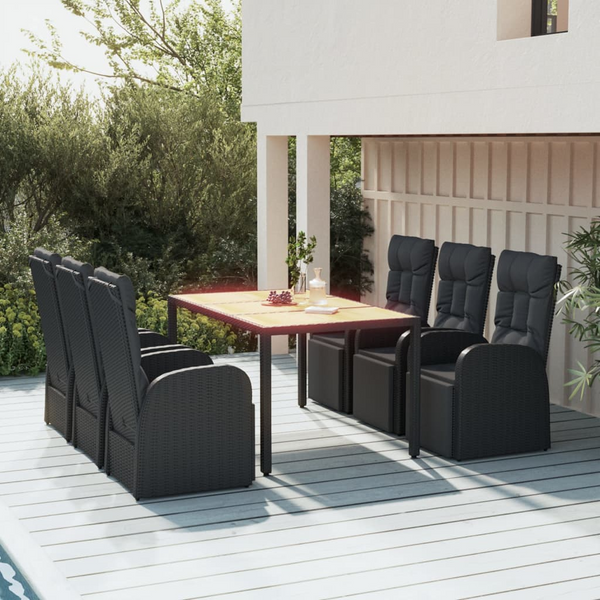 Deluxe Poly Rattan & Solid Acacia Wood 7 Piece Outdoor Dining Set - Elegant Black Garden Furniture with Reclining Chairs and Cushions - Premium  from Home Treasures - Just £1168.99! Shop now at Home Treasures