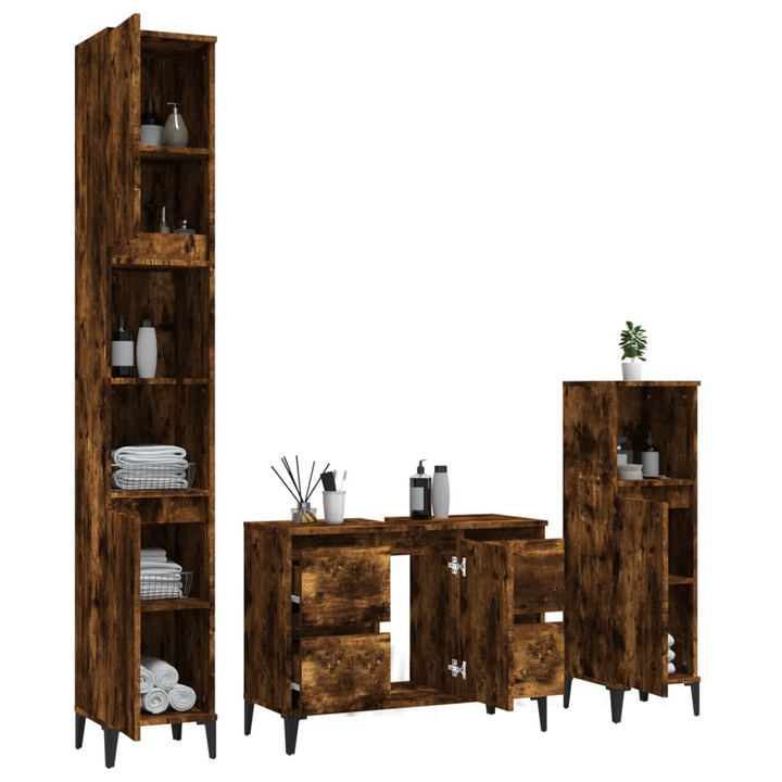 3 Piece Bathroom Furniture Set in Smoked Oak - Engineered Wood Cabinets with Ample Storage and Modern Design - Premium  from Home Treasures - Just £218.99! Shop now at Home Treasures