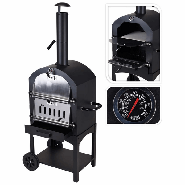 BBQ Pizza Oven in Black - Outdoor Pizza Maker with Wheels, Chimney, Adjustable Thermostat, and Cooking Stone - Perfect for Delicious Crispy Pizzas - Premium BBQ from Home Treasures - Just £369.99! Shop now at Home Treasures