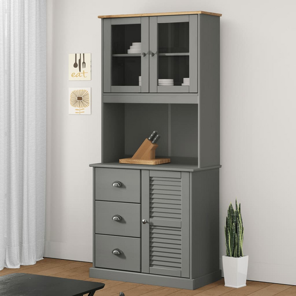 VIGO Highboard in Grey 78x40x175 cm - Solid Pine Wood Cabinet with Glass Doors & Metal Handles - Premium  from Home Treasures - Just £319.99! Shop now at Home Treasures