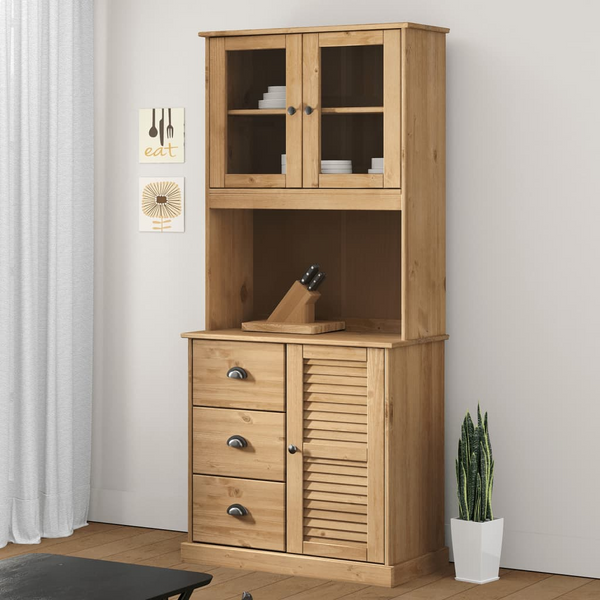 VIGO Solid Pine Wood Highboard with Glass Doors and Metal Handles - 78x40x175 cm - Premium  from Home Treasures - Just £383.99! Shop now at Home Treasures