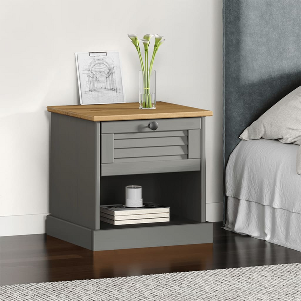 VIGO Grey Bedside Cabinet 42x35x42 cm - Solid Pine Wood with Ample Storage & Stylish Metal Knob - Premium  from Home Treasures - Just £41.99! Shop now at Home Treasures