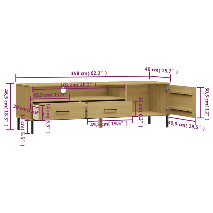 OSLO TV Cabinet with Metal Legs - Stylish Brown Solid Pine Wood Media Unit with Spacious Storage - Premium  from Home Treasures - Just £88.99! Shop now at Home Treasures