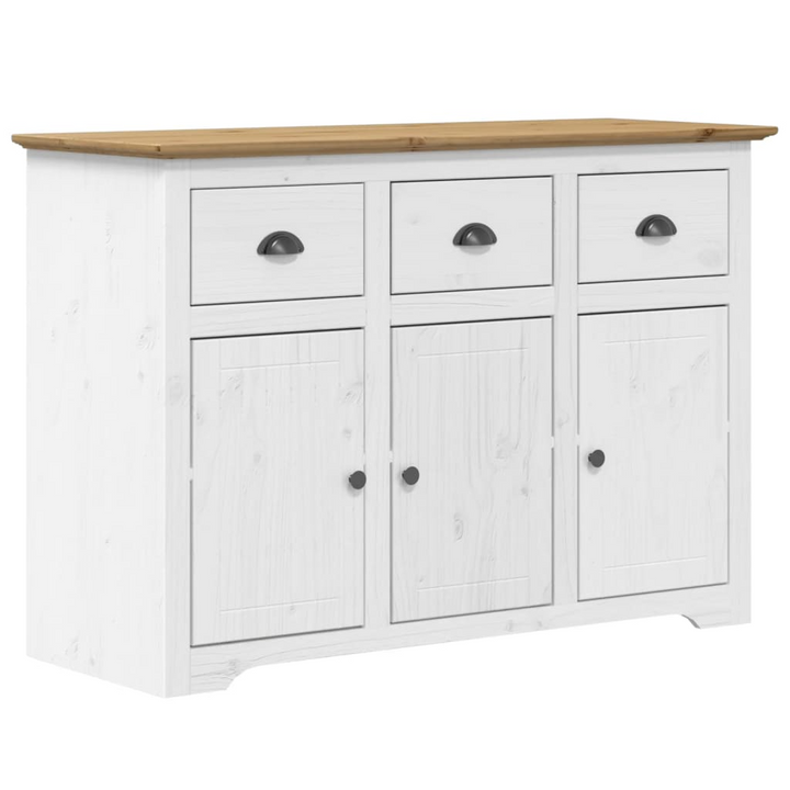 BODO French Style Sideboard - White & Brown Solid Pine Wood, 3 Drawers, Metal Handles, 115x43x79.5 cm - Premium  from Home Treasures - Just £271.99! Shop now at Home Treasures