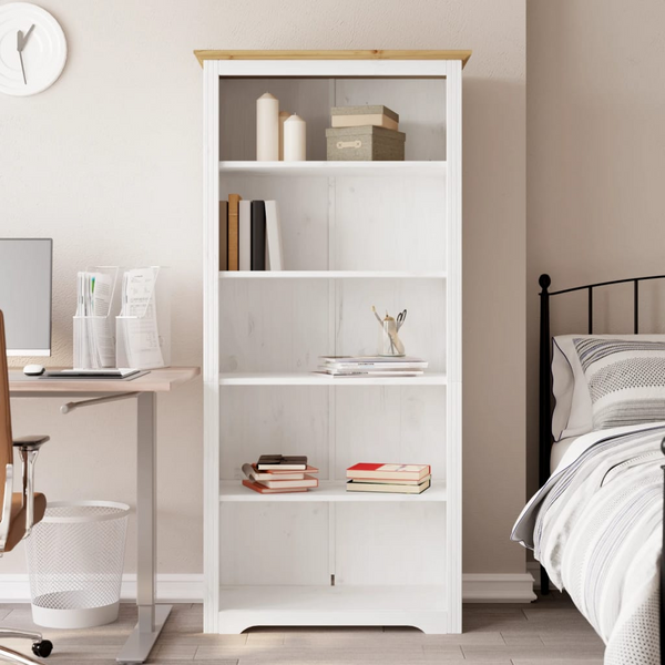 BODO 5-Tier Solid Pine Wood Bookcase, French Style, 80x38x180 cm, White & Brown Storage Shelf - Premium  from Home Treasures - Just £194.99! Shop now at Home Treasures