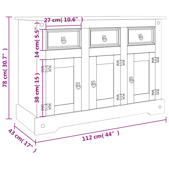 CORONA Sideboard in Grey - Rustic Storage Cabinet with Drawers and Doors, 112x43x78 cm - Premium  from Home Treasures - Just £236.99! Shop now at Home Treasures