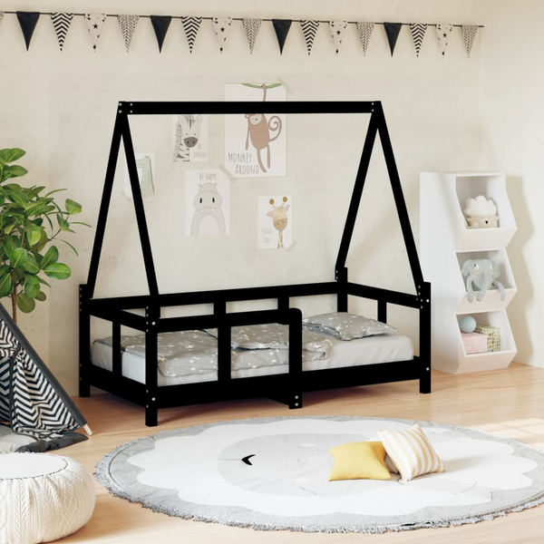 Children's Solid Pine Bed Frame - Black, 70x140 cm, with House Design - Premium  from Home Treasures - Just £146.99! Shop now at Home Treasures