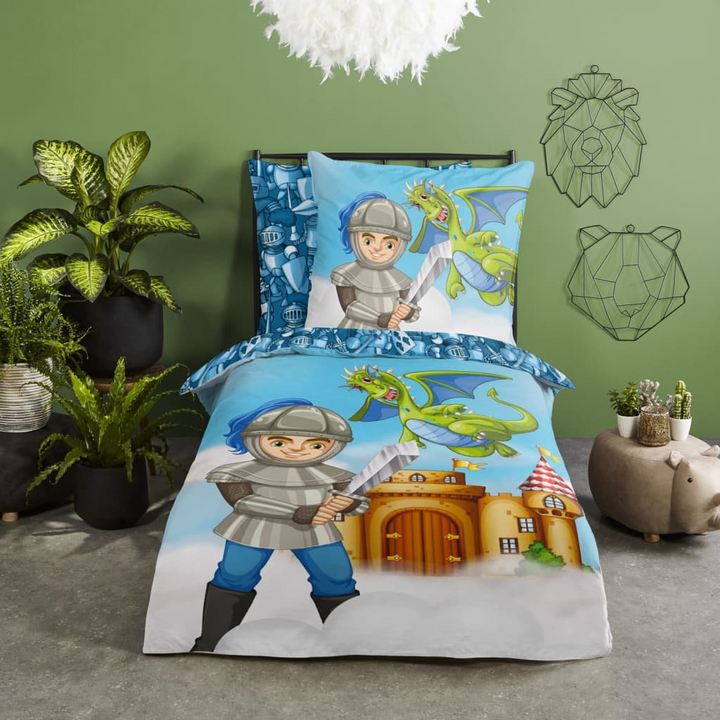 Good Morning Children's Duvet Cover Knight 135x200 cm - 100% Cotton, Breathable & Skin-Friendly, Includes Pillowcase, Fun Knight and Dragon Print, Easy Maintenance, Multicolor - Premium  from Home Treasures - Just £42.99! Shop now at Home Treasures