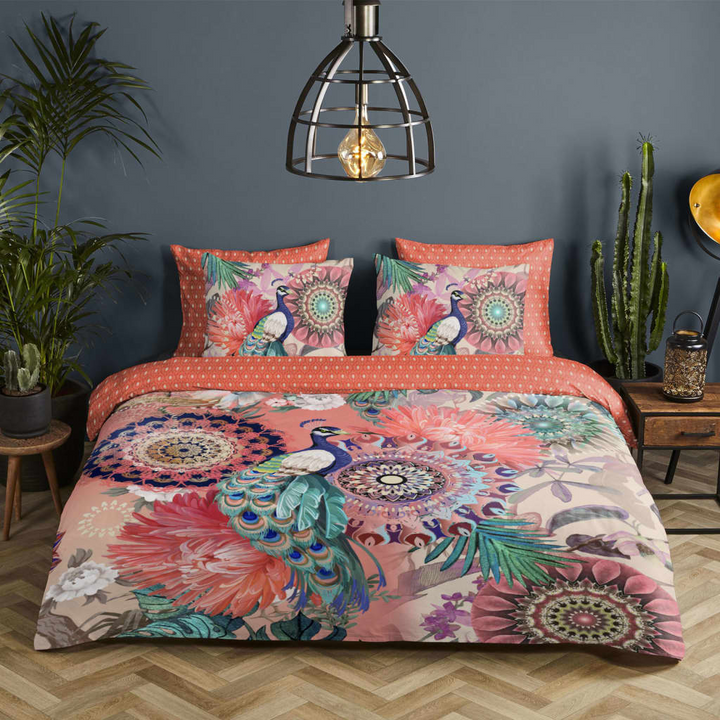 Luxurious HIP Duvet Cover Lynouk - 200x200/220 cm, Multicolour Cotton Satin with Peacock & Flowers Print - Premium  from Home Treasures - Just £77.99! Shop now at Home Treasures