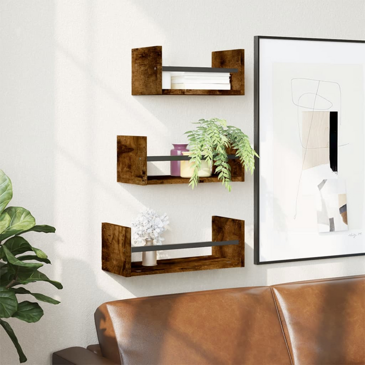 3 Piece Wall Shelf Set with Bars - Smoked Oak, Engineered Wood, Stylish Floating Shelves with Multifunctional Bar for Optimal Wall Storage - Premium  from Home Treasures - Just £25.99! Shop now at Home Treasures