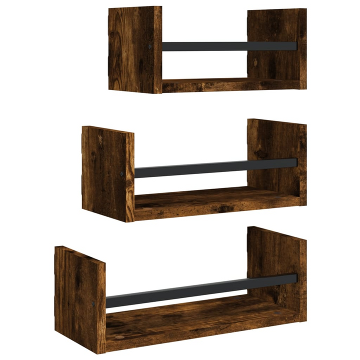 3 Piece Wall Shelf Set with Bars - Smoked Oak, Engineered Wood, Stylish Floating Shelves with Multifunctional Bar for Optimal Wall Storage - Premium  from Home Treasures - Just £25.99! Shop now at Home Treasures