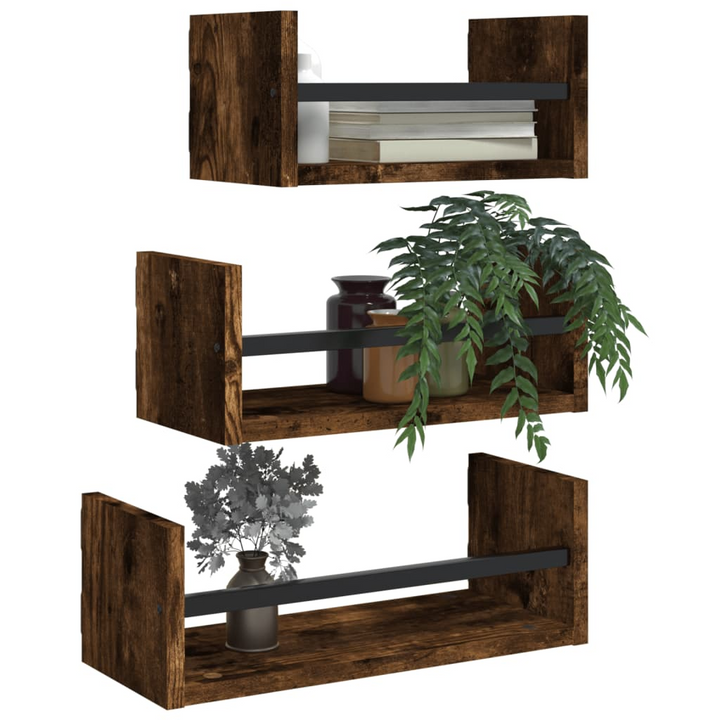 3 Piece Wall Shelf Set with Bars - Smoked Oak, Engineered Wood, Stylish Floating Shelves with Multifunctional Bar for Optimal Wall Storage - Premium  from Home Treasures - Just £25.99! Shop now at Home Treasures