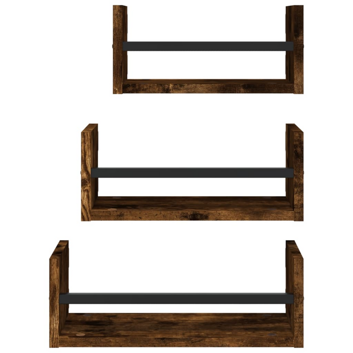 3 Piece Wall Shelf Set with Bars - Smoked Oak, Engineered Wood, Stylish Floating Shelves with Multifunctional Bar for Optimal Wall Storage - Premium  from Home Treasures - Just £25.99! Shop now at Home Treasures