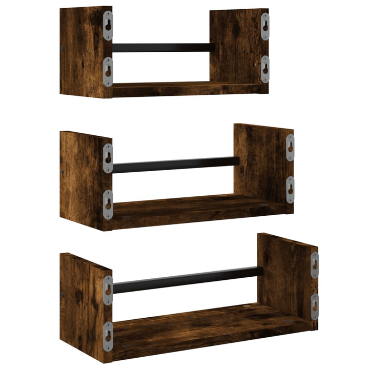 3 Piece Wall Shelf Set with Bars - Smoked Oak, Engineered Wood, Stylish Floating Shelves with Multifunctional Bar for Optimal Wall Storage - Premium  from Home Treasures - Just £25.99! Shop now at Home Treasures