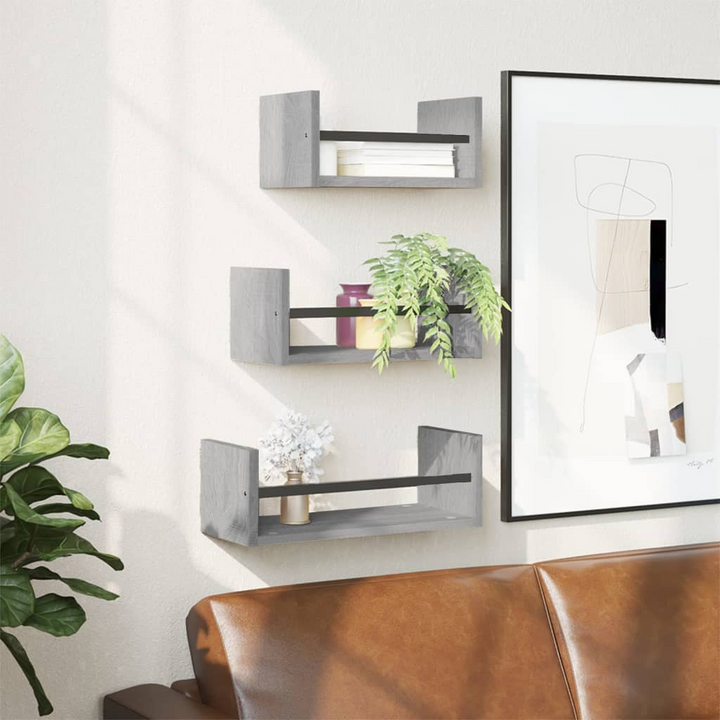 Modern 3-Piece Wall Shelf Set with Bars in Grey Sonoma - Elegant & Functional Floating Shelves - Premium  from Home Treasures - Just £32.99! Shop now at Home Treasures