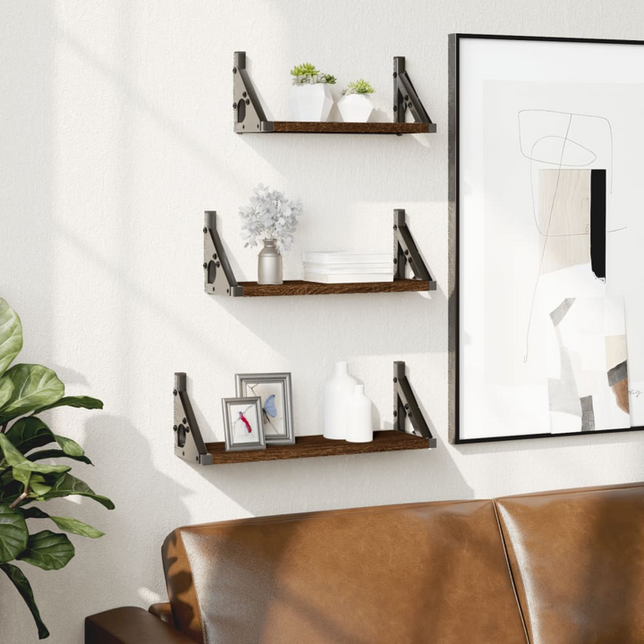 3 Piece Brown Oak Wall Shelf Set - Stylish Engineered Wood, Floating Design with Space-Saving Storage - Premium  from Home Treasures - Just £21.99! Shop now at Home Treasures