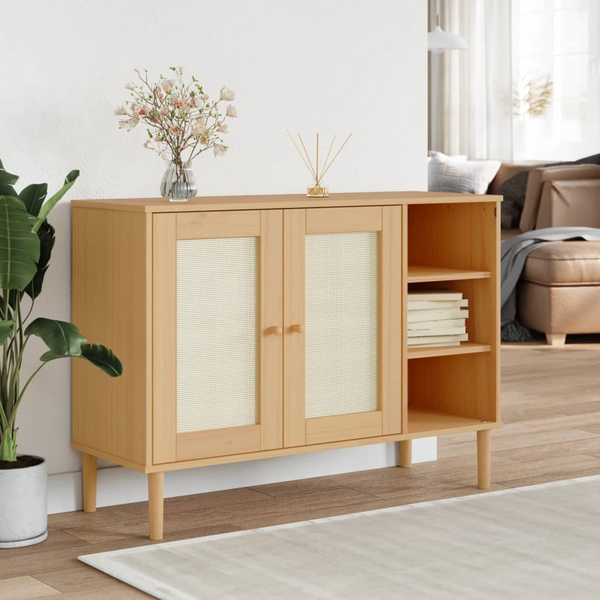 SENJA Rattan Look Sideboard in Brown,side 112x40x80cm – Solid Pine Wood with Ample Storage - Premium  from Home Treasures - Just £121.99! Shop now at Home Treasures