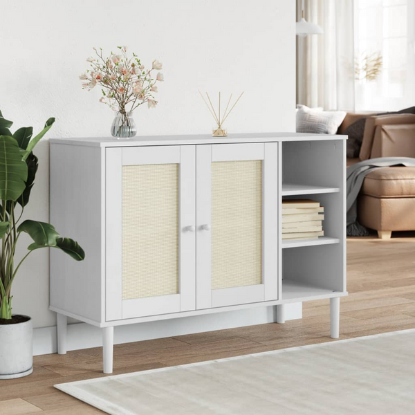 SENJA Sideboard in White - 112x40x80cm Solid Pine Wood with Rattan Look | Elegant Storage Solution - Premium  from Home Treasures - Just £123.99! Shop now at Home Treasures