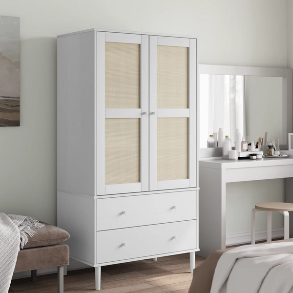 SENJA Rattan Look Wardrobe - White, Solid Pine Wood, 90x55x175 cm - Stylish & Spacious Storage Solution - Premium  from Home Treasures - Just £427.99! Shop now at Home Treasures