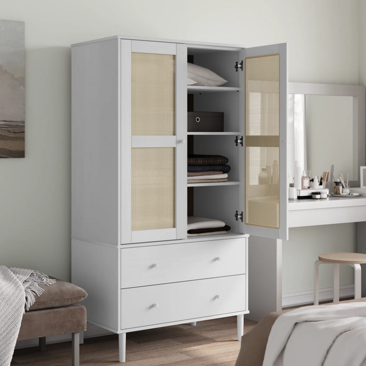 SENJA Rattan Look Wardrobe - White, Solid Pine Wood, 90x55x175 cm - Stylish & Spacious Storage Solution - Premium  from Home Treasures - Just £427.99! Shop now at Home Treasures