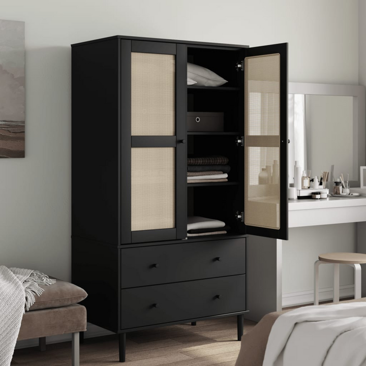 SENJA Wardrobe with Rattan Look in Black - Solid Pine Wood, 90x55x175 cm - Premium  from Home Treasures - Just £404.99! Shop now at Home Treasures