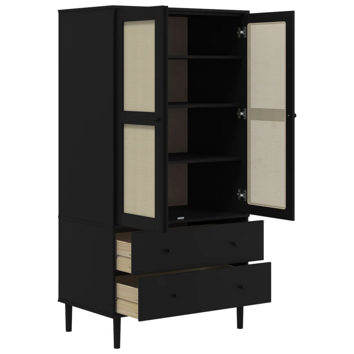 SENJA Wardrobe with Rattan Look in Black - Solid Pine Wood, 90x55x175 cm - Premium  from Home Treasures - Just £404.99! Shop now at Home Treasures