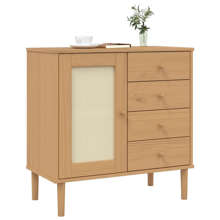 Stylish SENJA Sideboard in Brown with Rattan Look - Solid Pine Wood, 80x40x80 cm, Ample Storage, UV Varnish Finish - Premium  from Home Treasures - Just £103.99! Shop now at Home Treasures