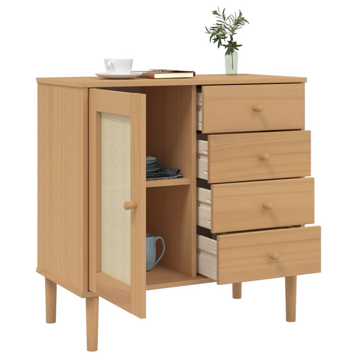 Stylish SENJA Sideboard in Brown with Rattan Look - Solid Pine Wood, 80x40x80 cm, Ample Storage, UV Varnish Finish - Premium  from Home Treasures - Just £103.99! Shop now at Home Treasures