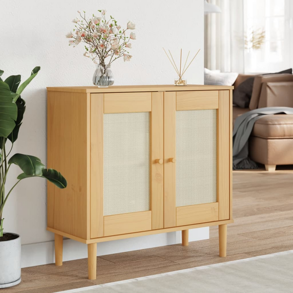 SENJA Rattan Look Sideboard - Solid Pine Wood, 80x35x80 cm, Brown - Stylish Storage Solution - Premium  from Home Treasures - Just £84.99! Shop now at Home Treasures