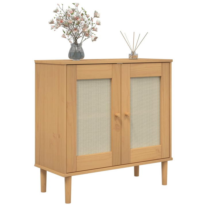 SENJA Rattan Look Sideboard - Solid Pine Wood, 80x35x80 cm, Brown - Stylish Storage Solution - Premium  from Home Treasures - Just £84.99! Shop now at Home Treasures