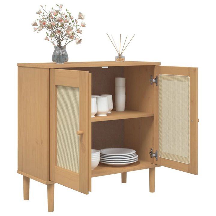 SENJA Rattan Look Sideboard - Solid Pine Wood, 80x35x80 cm, Brown - Stylish Storage Solution - Premium  from Home Treasures - Just £84.99! Shop now at Home Treasures