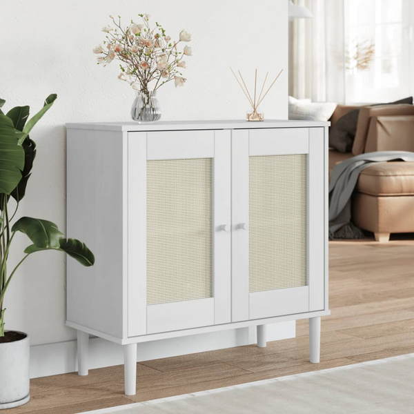 SENJA Sideboard with Rattan Look - White, 80x35x80 cm, Solid Pine Wood | Stylish & Functional Storage Solution - Premium  from Home Treasures - Just £110.99! Shop now at Home Treasures