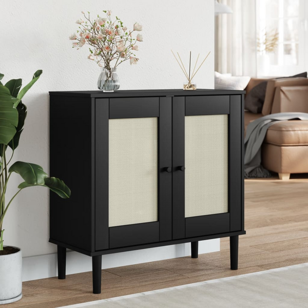 SENJA Black Sideboard | Modern 80x35x80 cm Solid Pine Wood with Rattan Look Storage Cabinet - Premium  from Home Treasures - Just £149.99! Shop now at Home Treasures